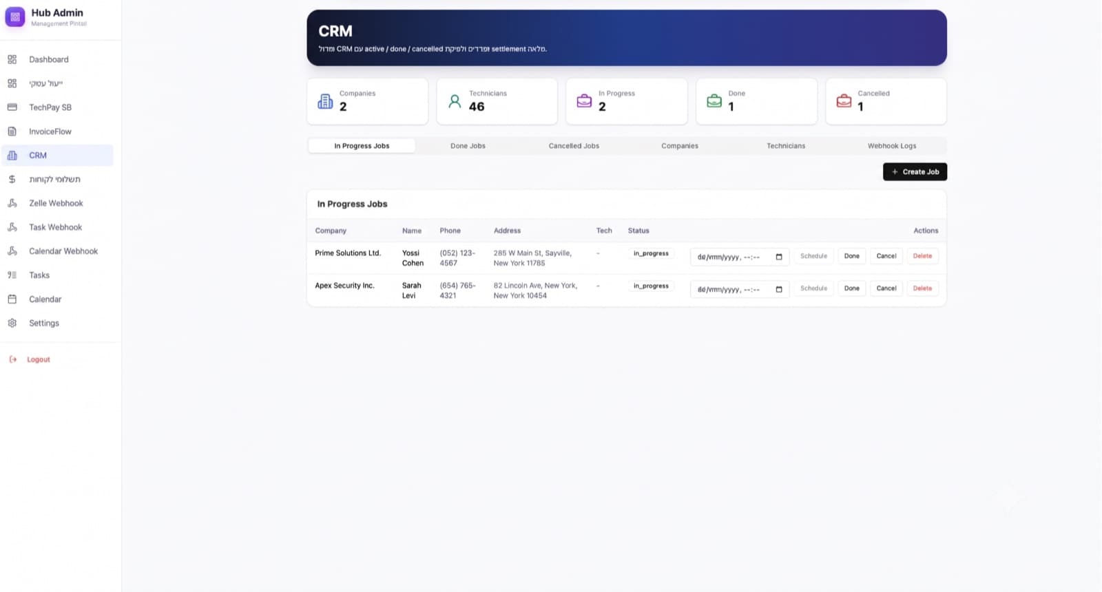 CRM — companies, technicians and live job pipeline