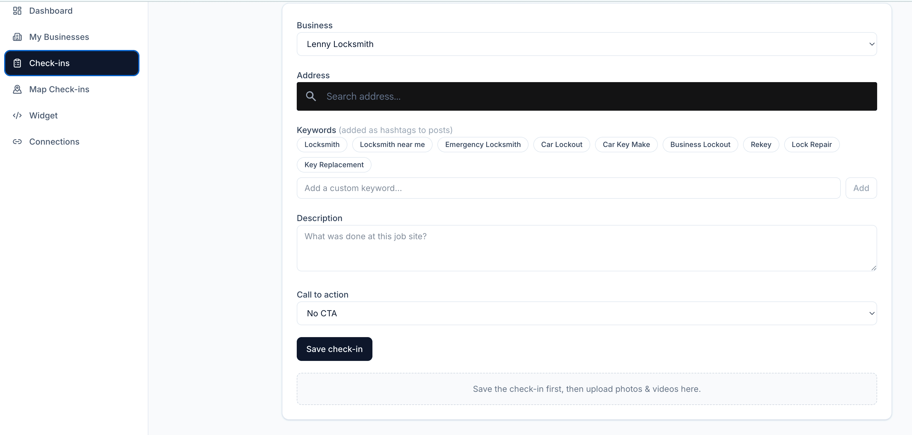 Olympos Sync check-in form with address, keywords, and media upload