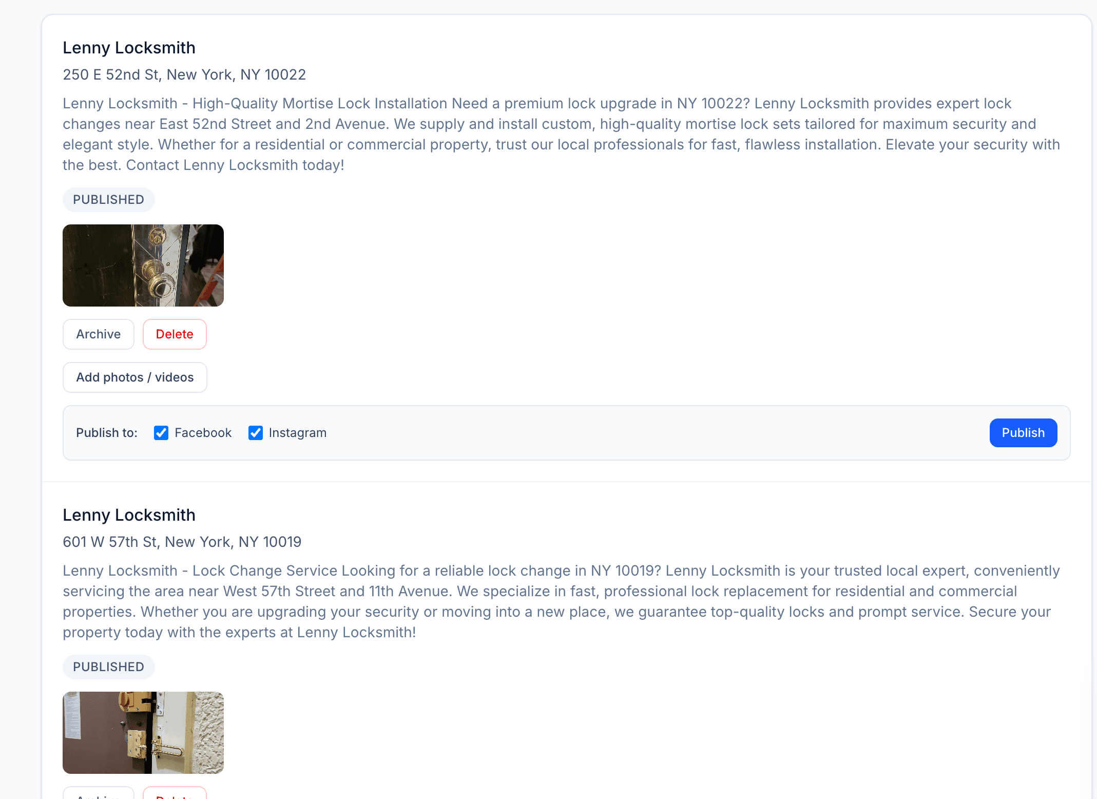 Publishing check-ins to Facebook and Instagram with per-platform status