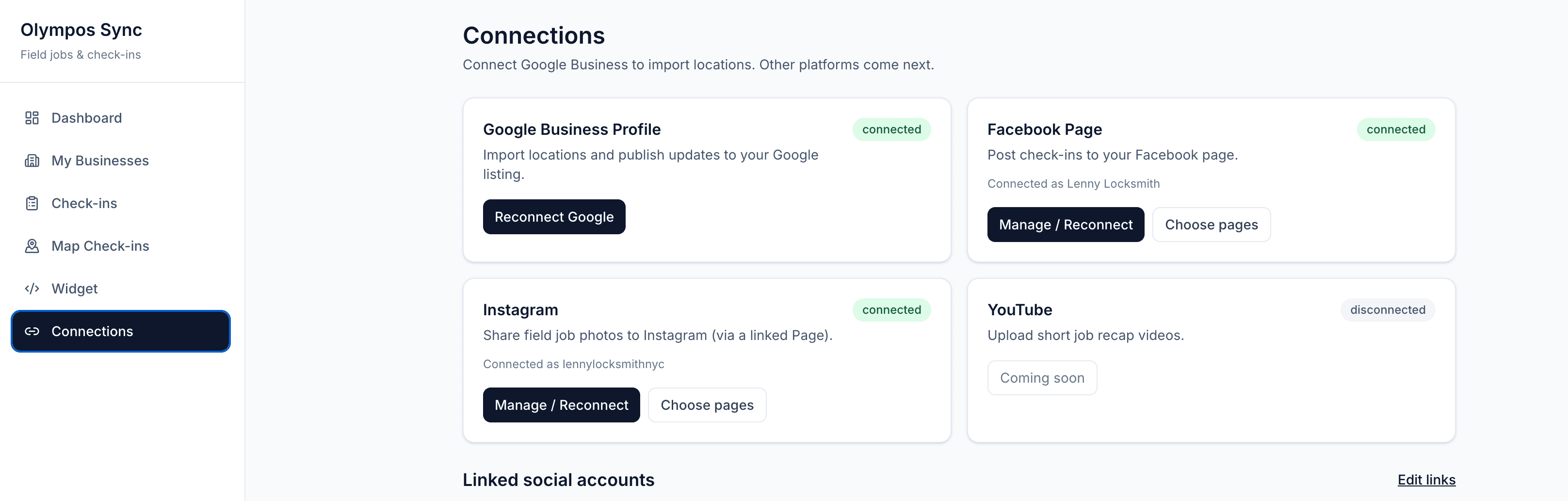 Olympos Sync connections page with Facebook, Instagram, and Google Business