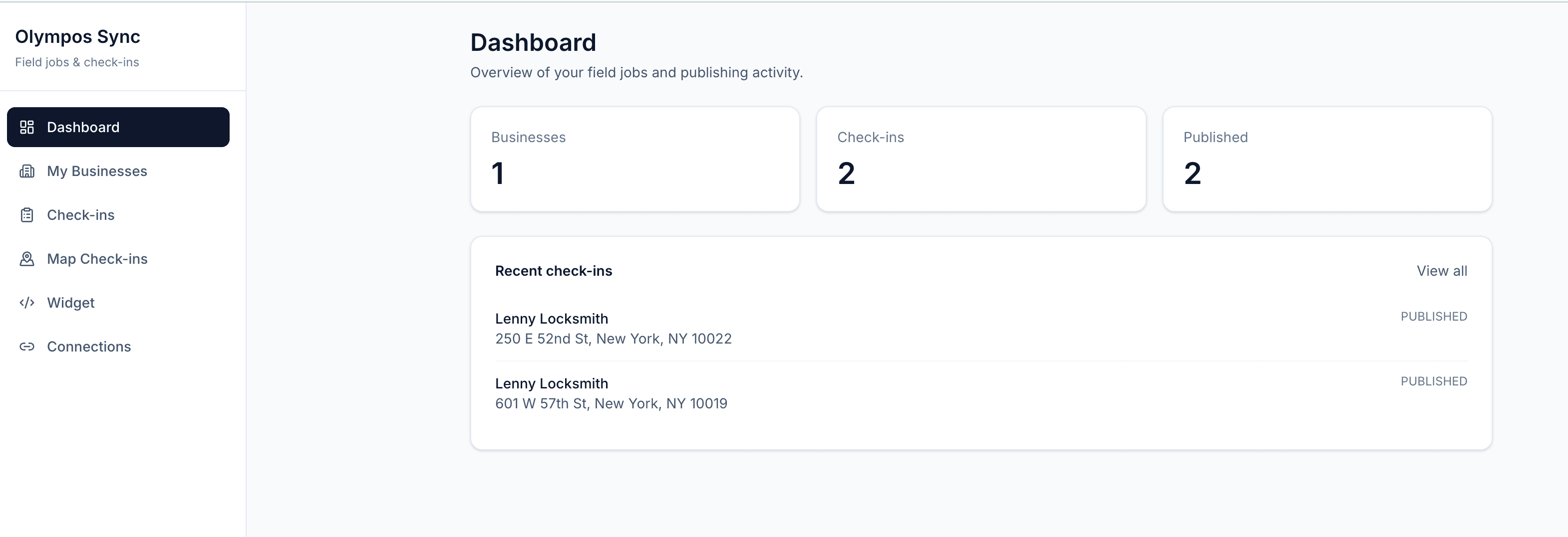 Olympos Sync dashboard overview