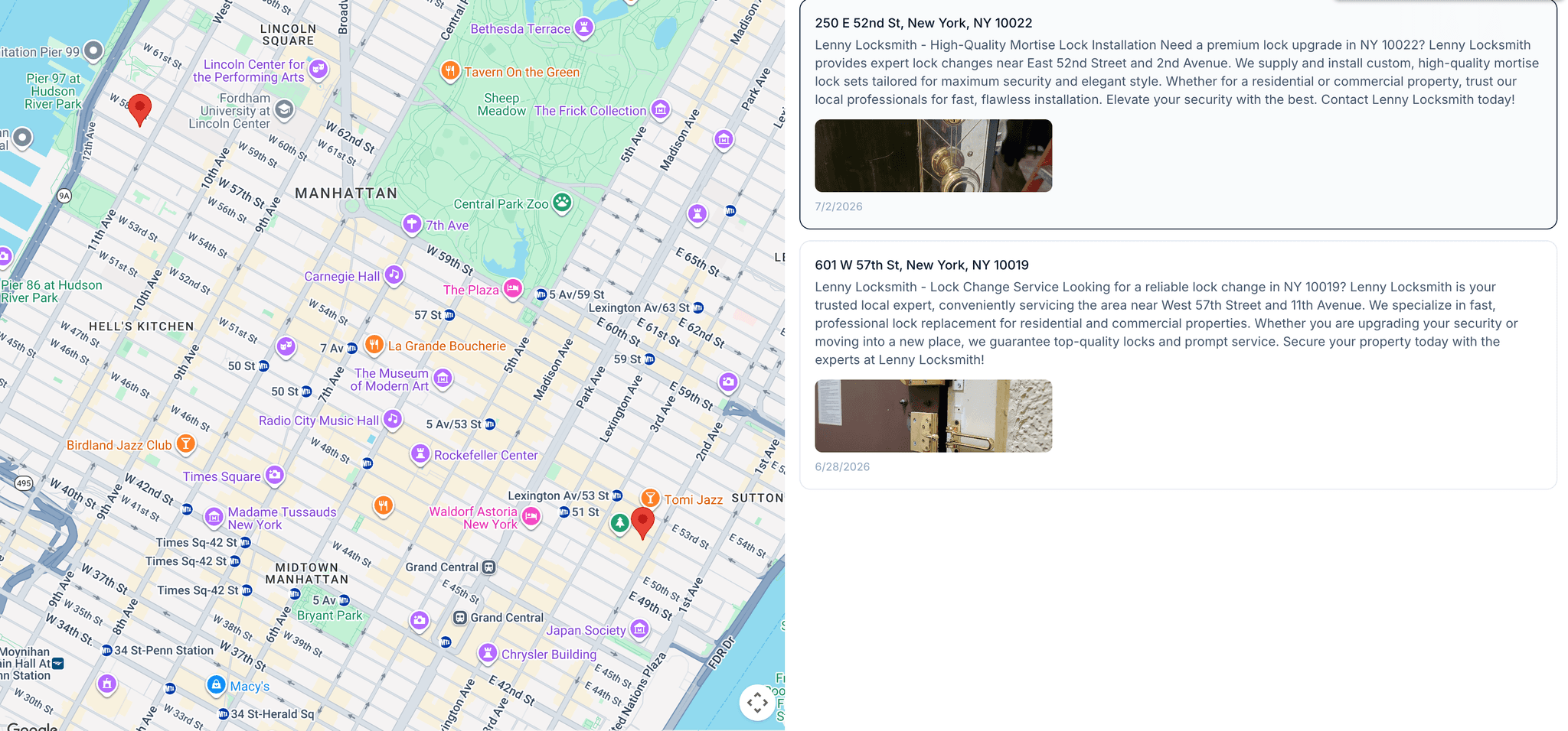 Lenny Locksmith job map with pins across Manhattan