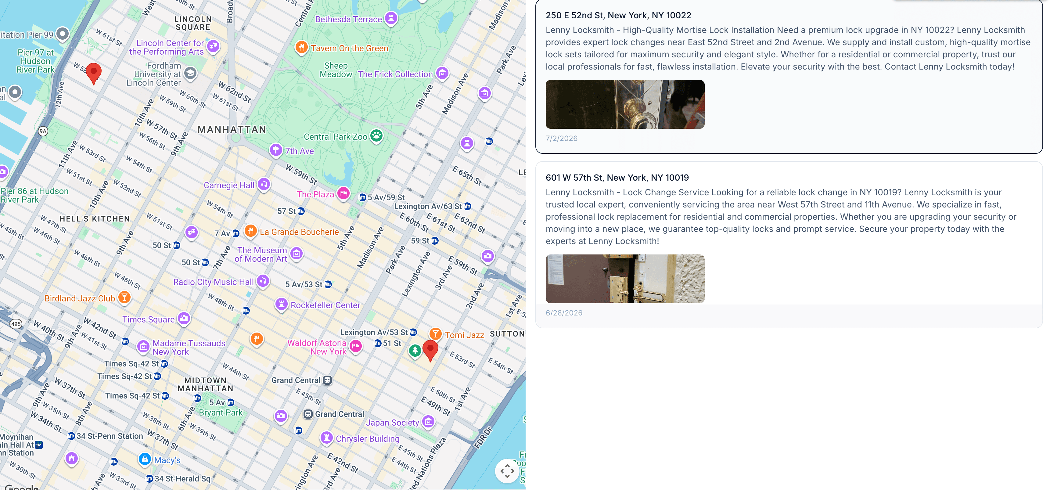 Interactive map widget with job listings and photos