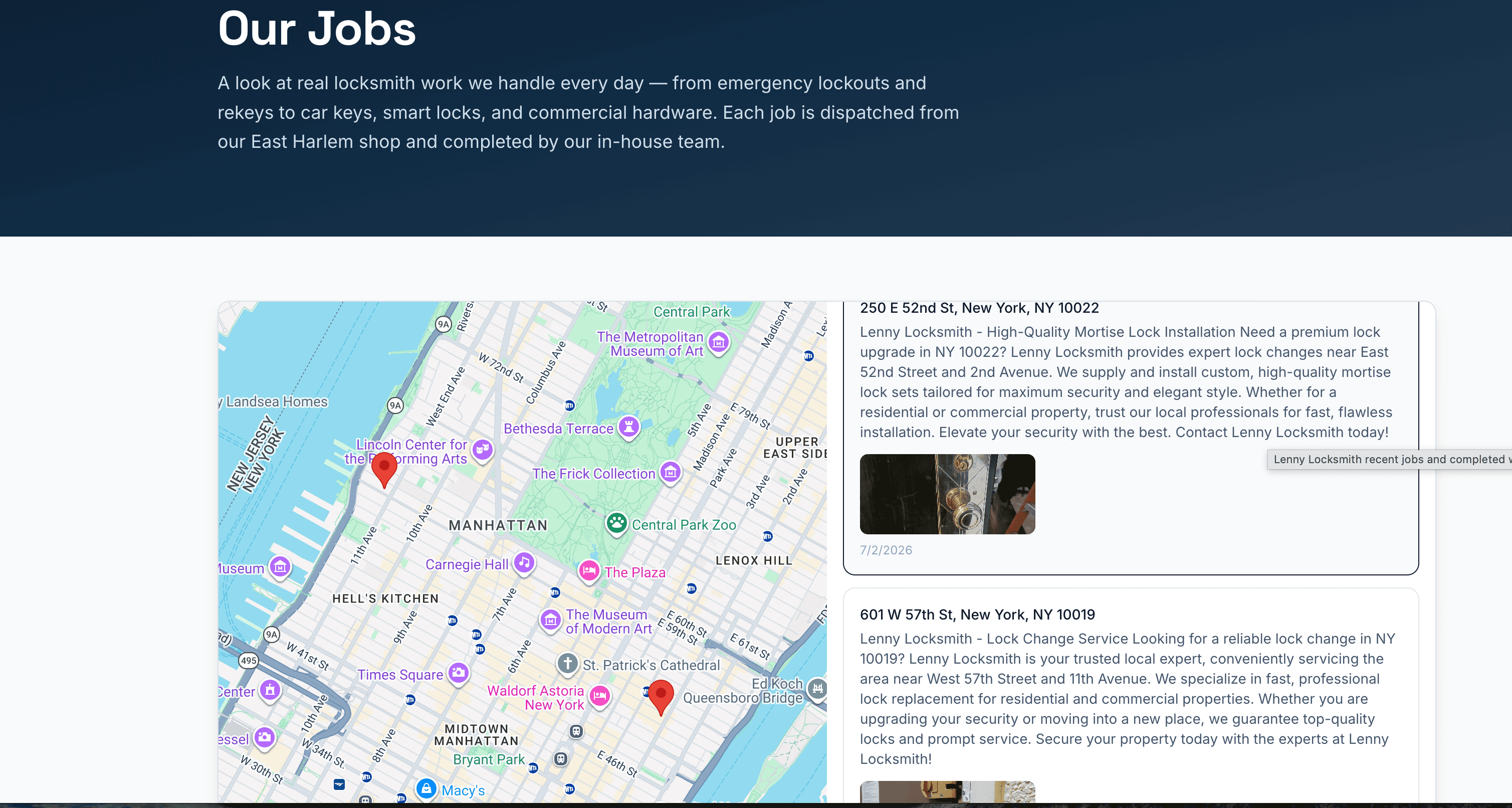 Live job map widget embedded on a locksmith website